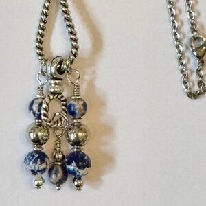 Necklace handmade 3 tier dangle silver tone blue jasper & silver beads OOAK
